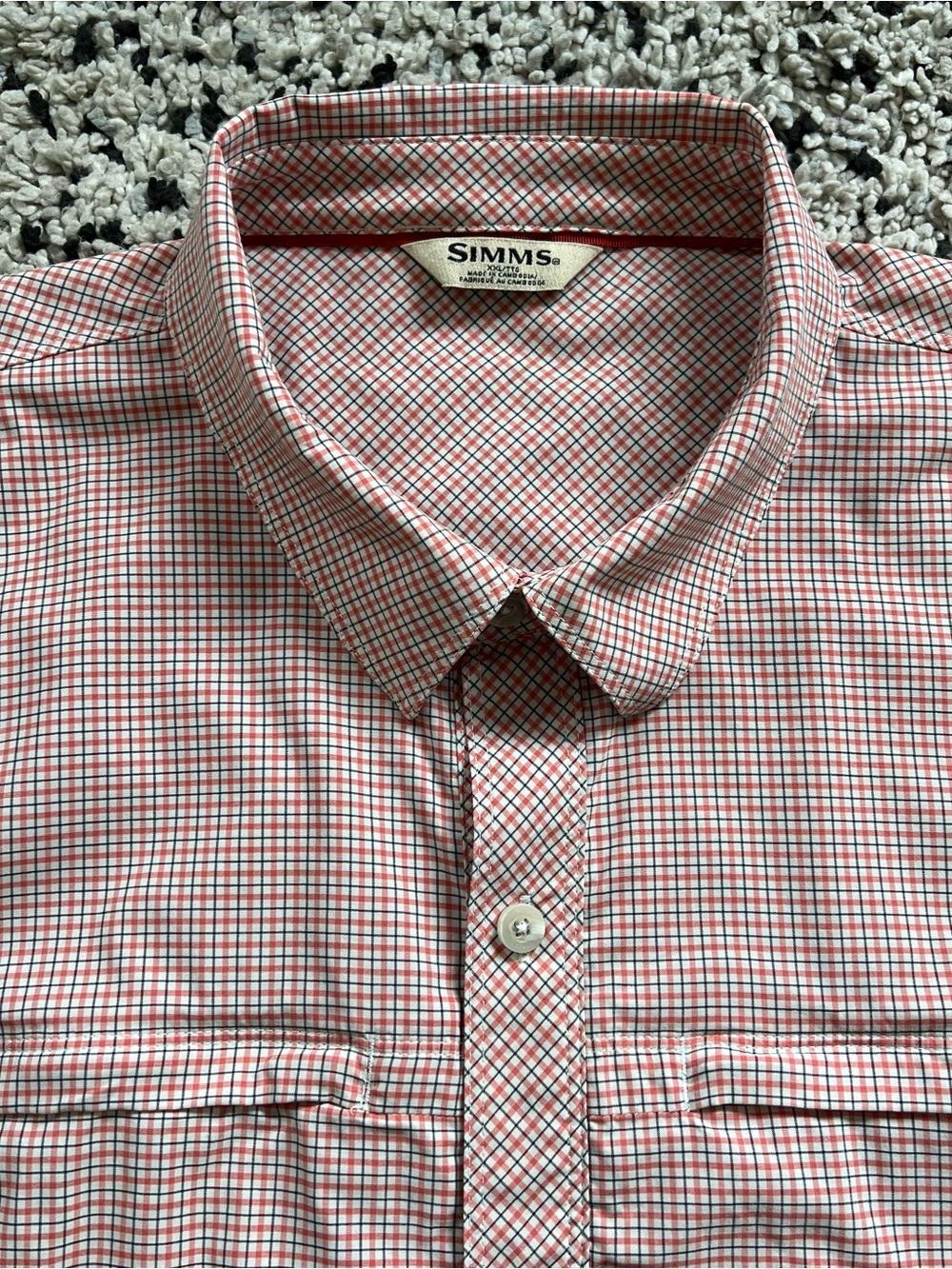 SIMMS Fishing Shirt Brr Cooling Short Sleeve Red Plaid Double Pocket Men’s XXL